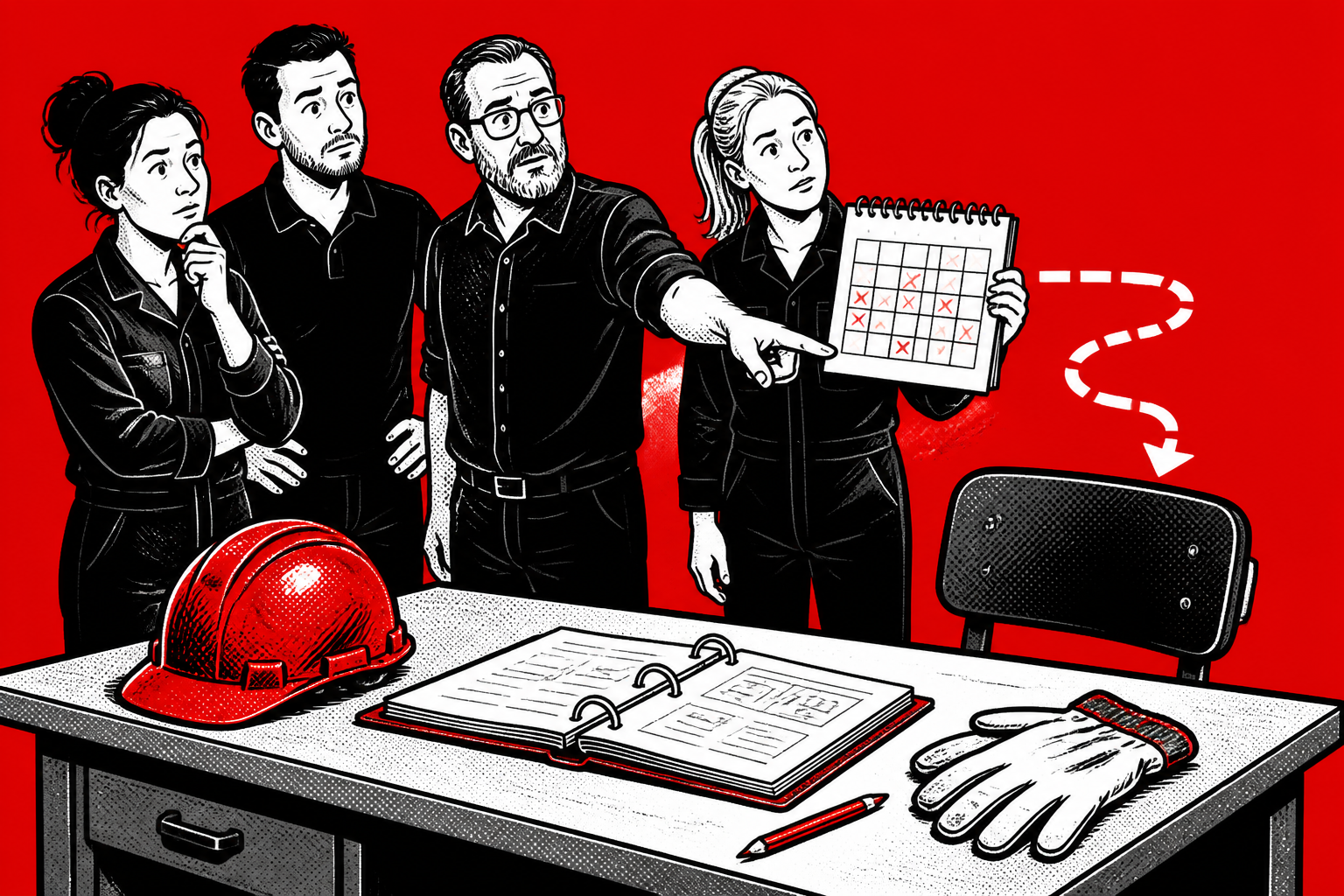 Ein Ausbildungsteam steht an einem Tisch mit Kalender und Ausbildungsordner; vor ihnen bleibt ein Ausbildungsplatz leer.