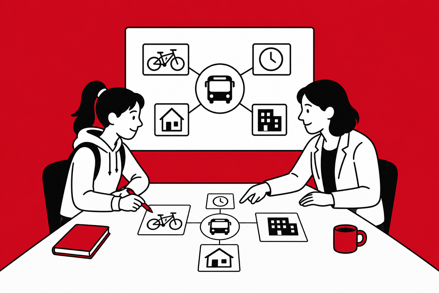 Eine Auszubildende und eine Ausbildungsleiterin planen gemeinsam Lösungen für Bus, Fahrrad, Wohnraum und Arbeitszeiten