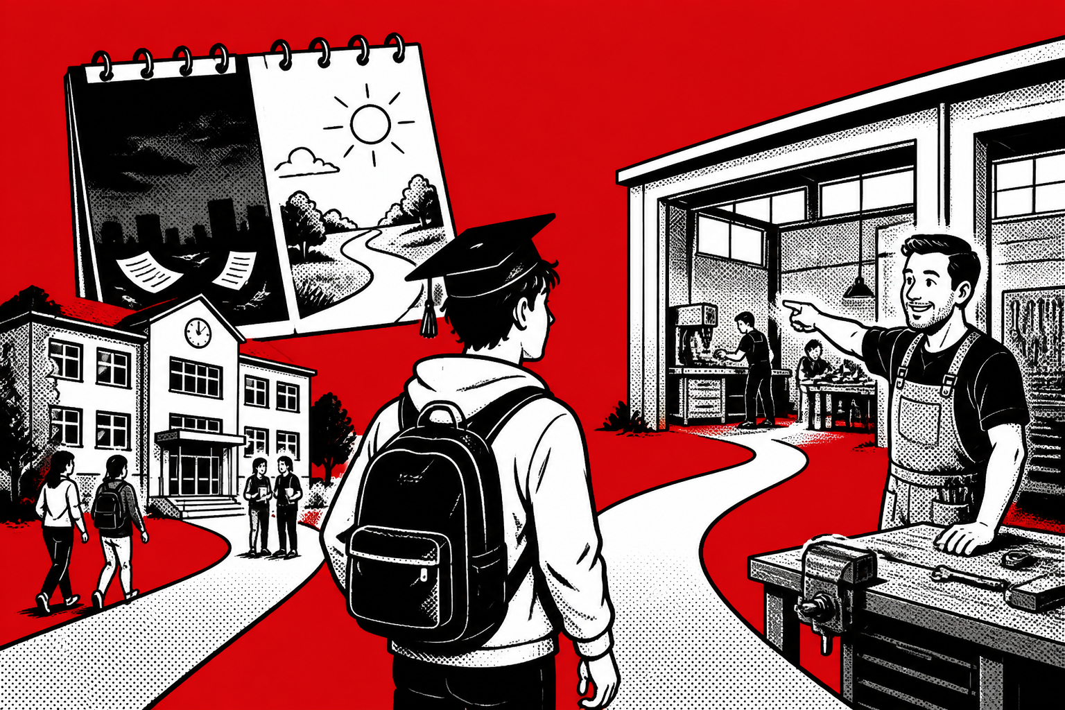 Ein Abiturient mit Rucksack steht zwischen Schulgebäude und offenem Ausbildungsbetrieb; ein Mentor zeigt den Weg an eine Werkbank.