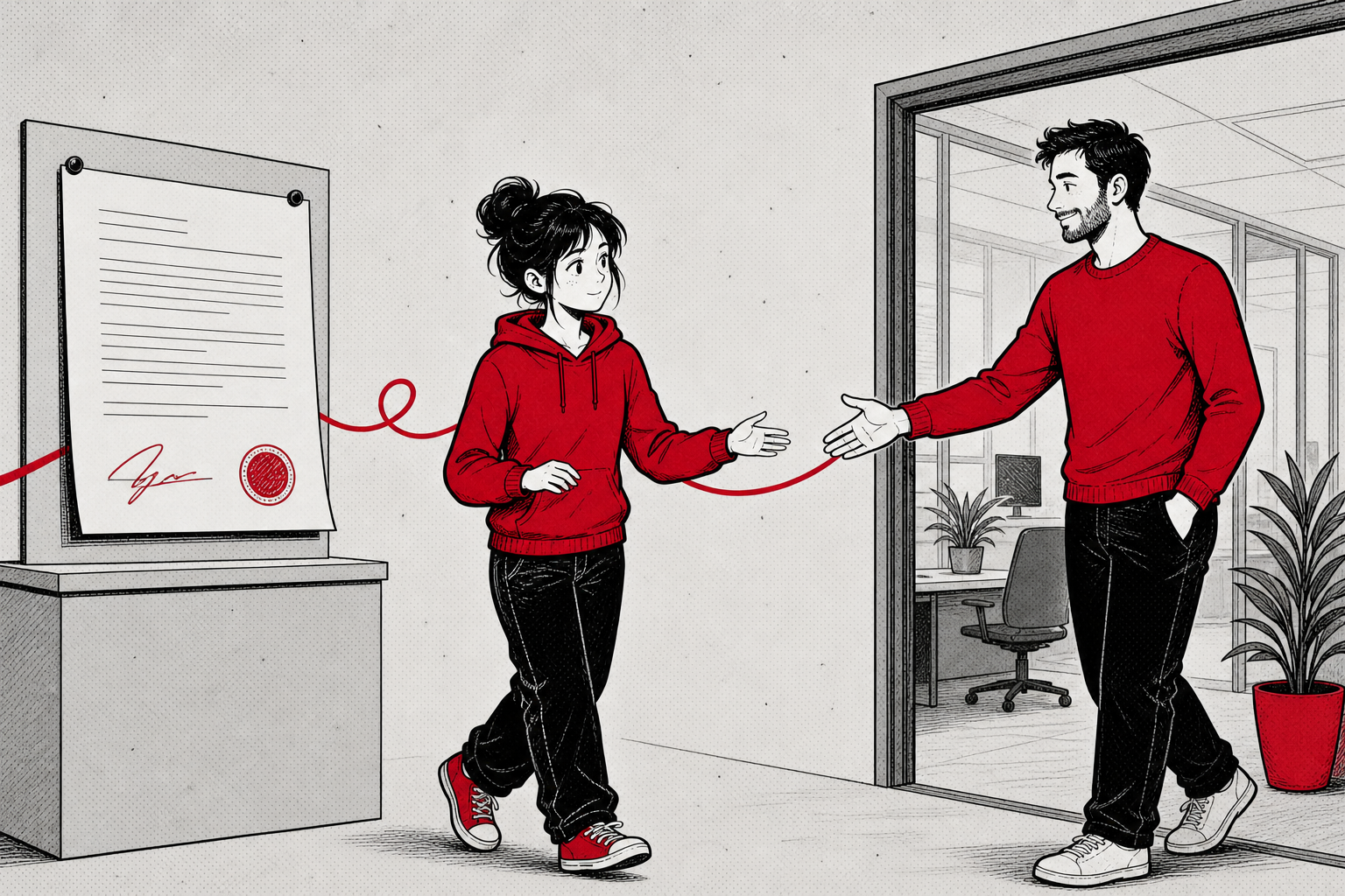 Illustration: Ein künftiger Azubi wird nach der Vertragsunterschrift von einem Buddy persönlich willkommen geheißen.