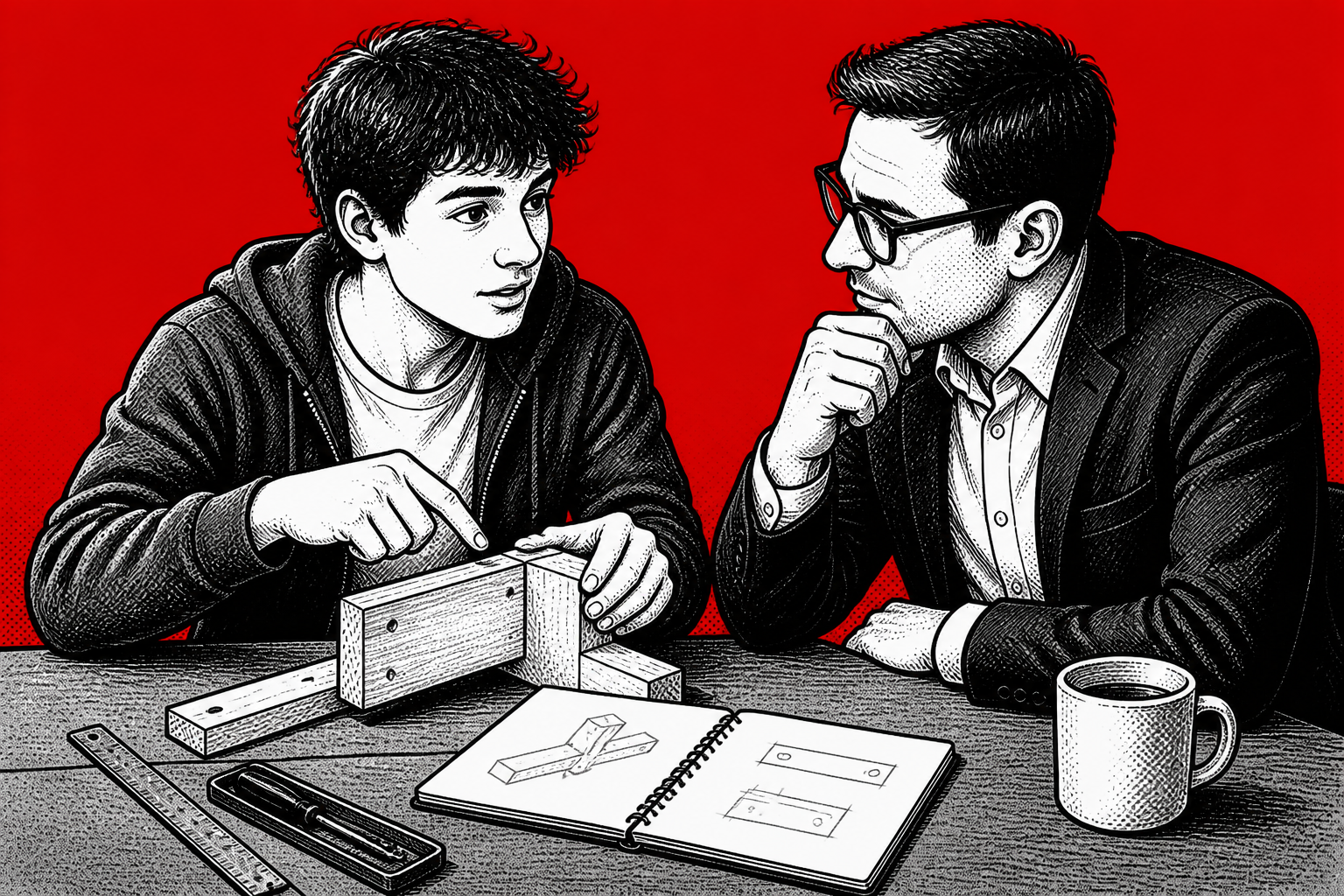 Ein junger Bewerber erklärt einem Interviewer eine praktische Arbeitsprobe mit Holz, Messwerkzeug und Skizze.