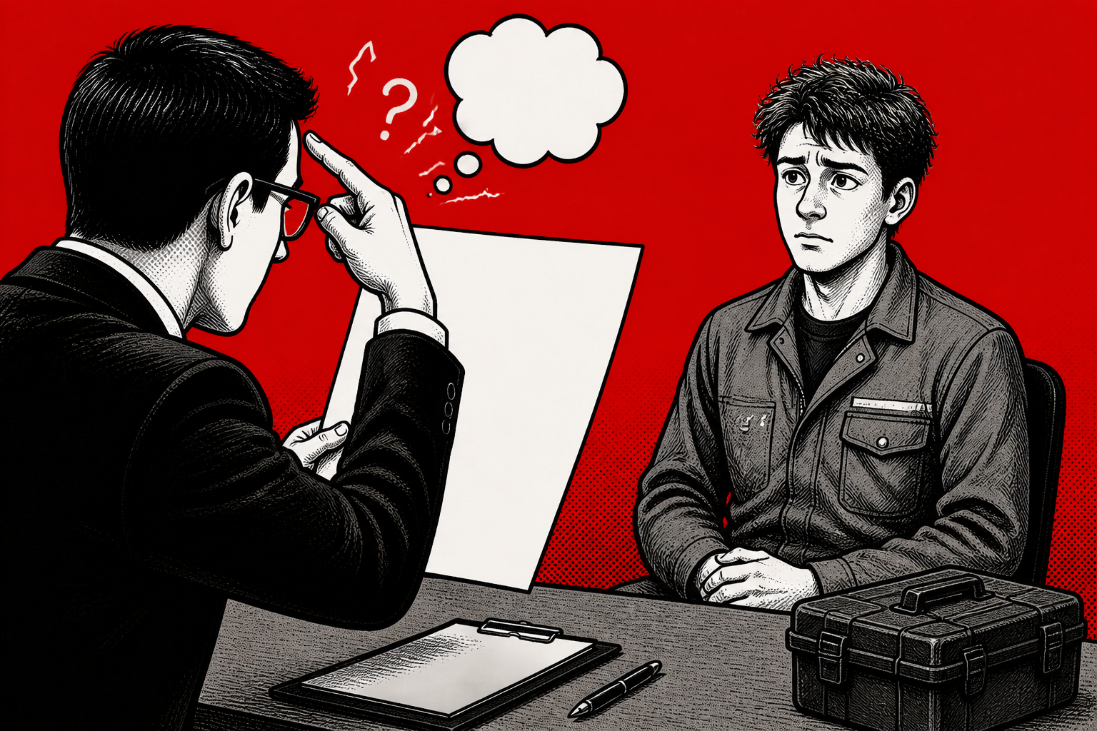 Ein Interviewer hält einem jungen Bewerber einen übergroßen Fragebogen vor; die Szene zeigt die Willkür schlechter Interviewfragen im Ausbildungsgespräch.