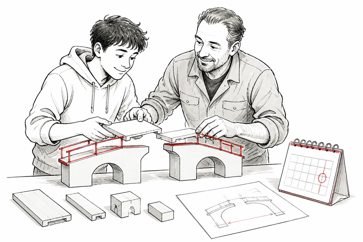 Ein junger Bewerber und eine Ausbilderin bauen gemeinsam an einem Werkstattprojekt und planen den Übergang in die Ausbildung.