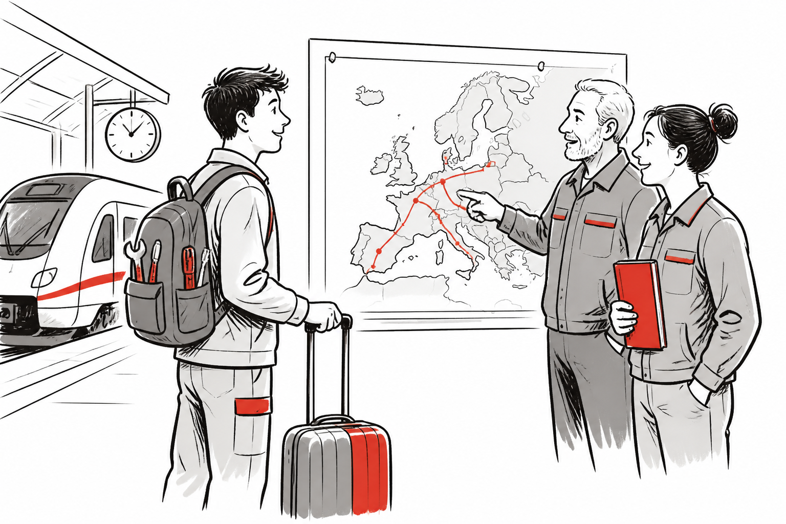 Auszubildender mit Rucksack und Koffer wird von zwei Ausbildern vor einer Europakarte am Bahnhof empfangen.
