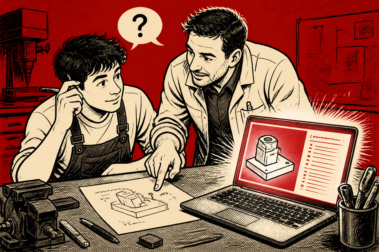 Auszubildender und Ausbilder prüfen eine KI-Antwort am Arbeitstisch.