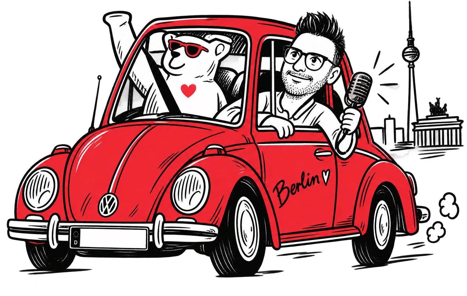 Alexander Steffen als Comicfigur mit Mikrofon in einem roten Auto vor Berliner Wahrzeichen.