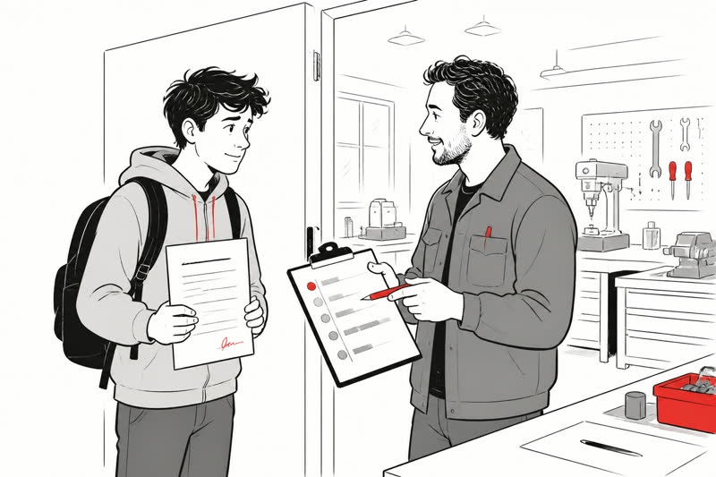 Ausbilder und neuer Auszubildender besprechen am ersten Morgen den Vertrag und den konkreten Plan für die erste Woche