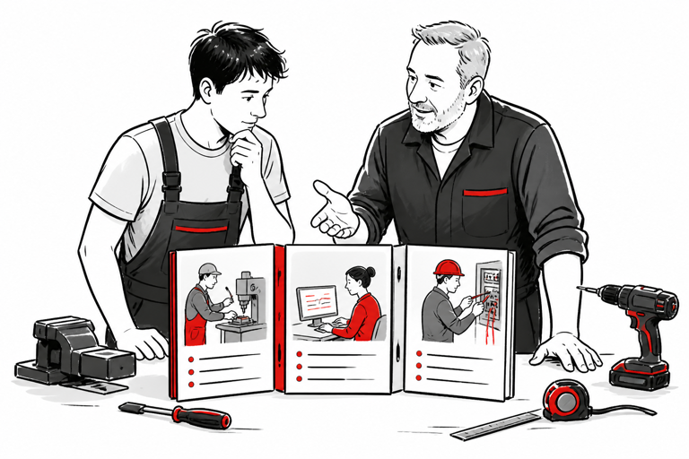 Ausbilder und Auszubildender vergleichen unterschiedliche berufliche Lern- und Arbeitsaufgaben am Werkstatt-Tisch