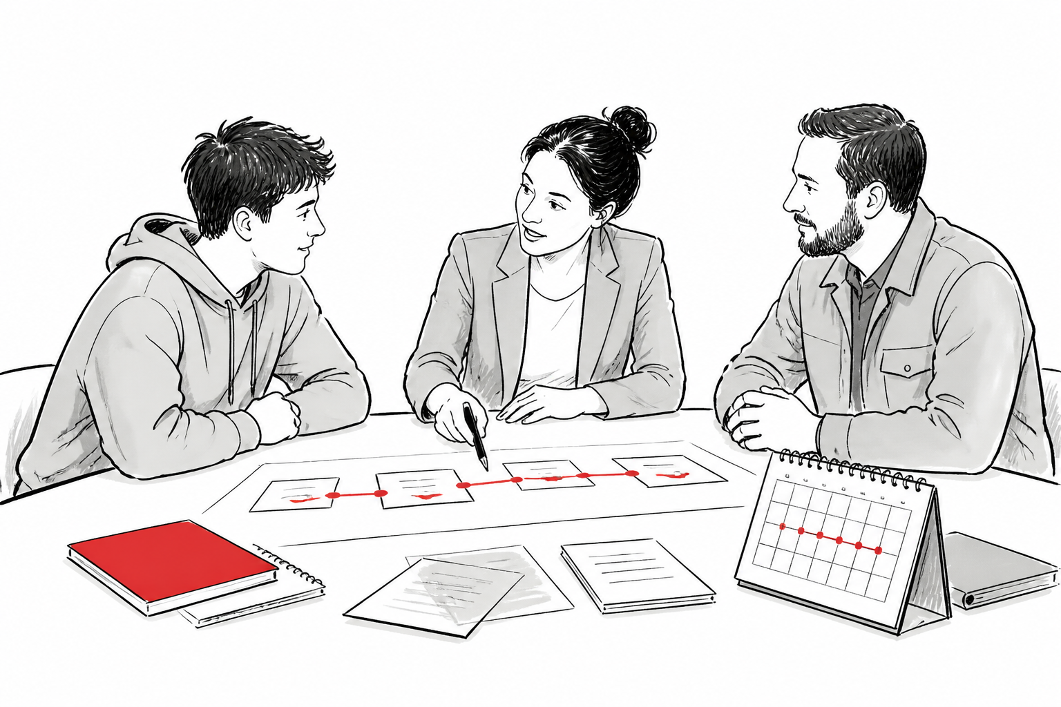 Auszubildender, Beratende und Ausbilder planen gemeinsam den Übergang in eine Ausbildung