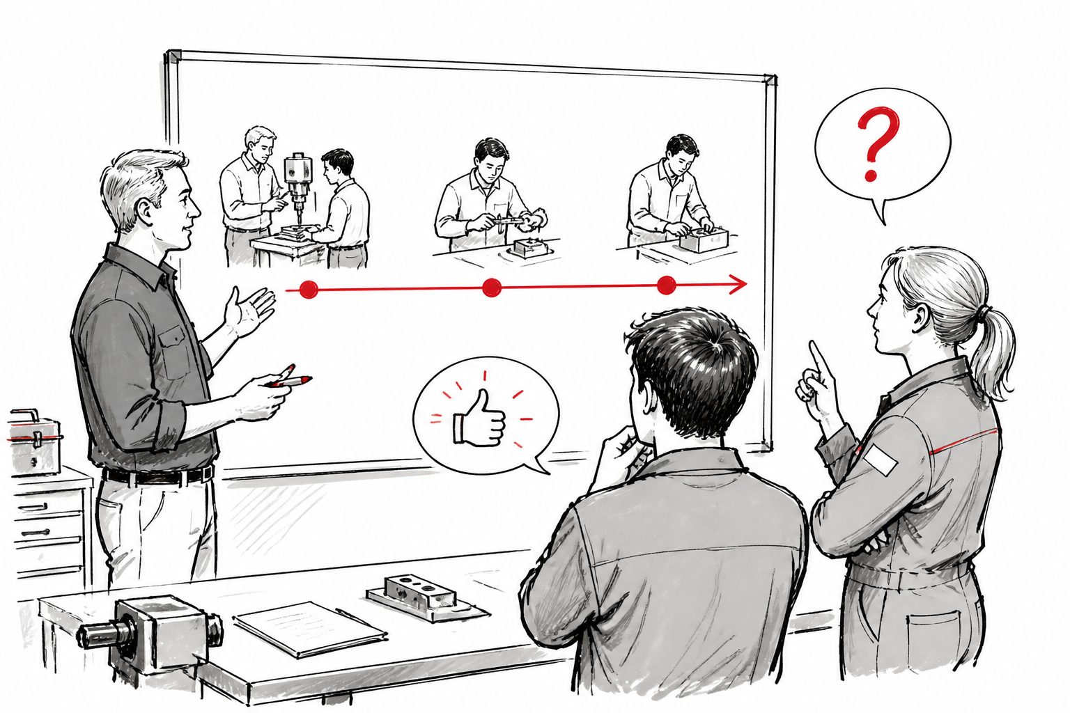 Ausbilder und Auszubildende besprechen an einem Whiteboard einen konkreten Arbeitsauftrag mit Lernschritten und Rückfragen