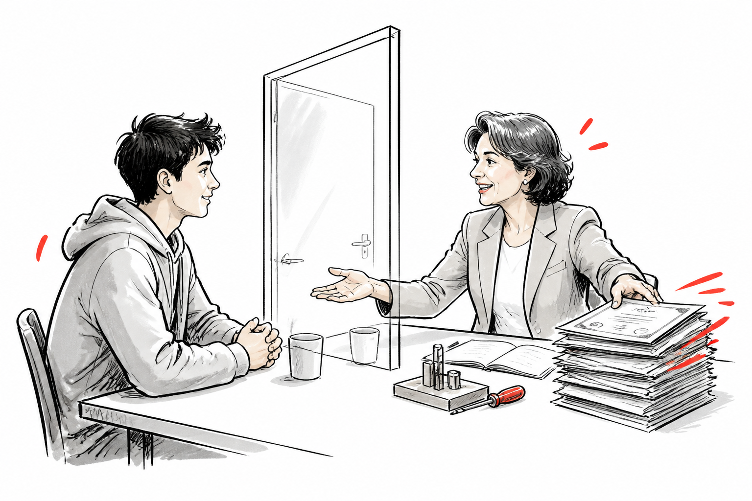 Ausbildungsinteressierter und Ausbildungsleiter sprechen über einen praktischen Arbeitsauftrag statt nur über Zeugnisse