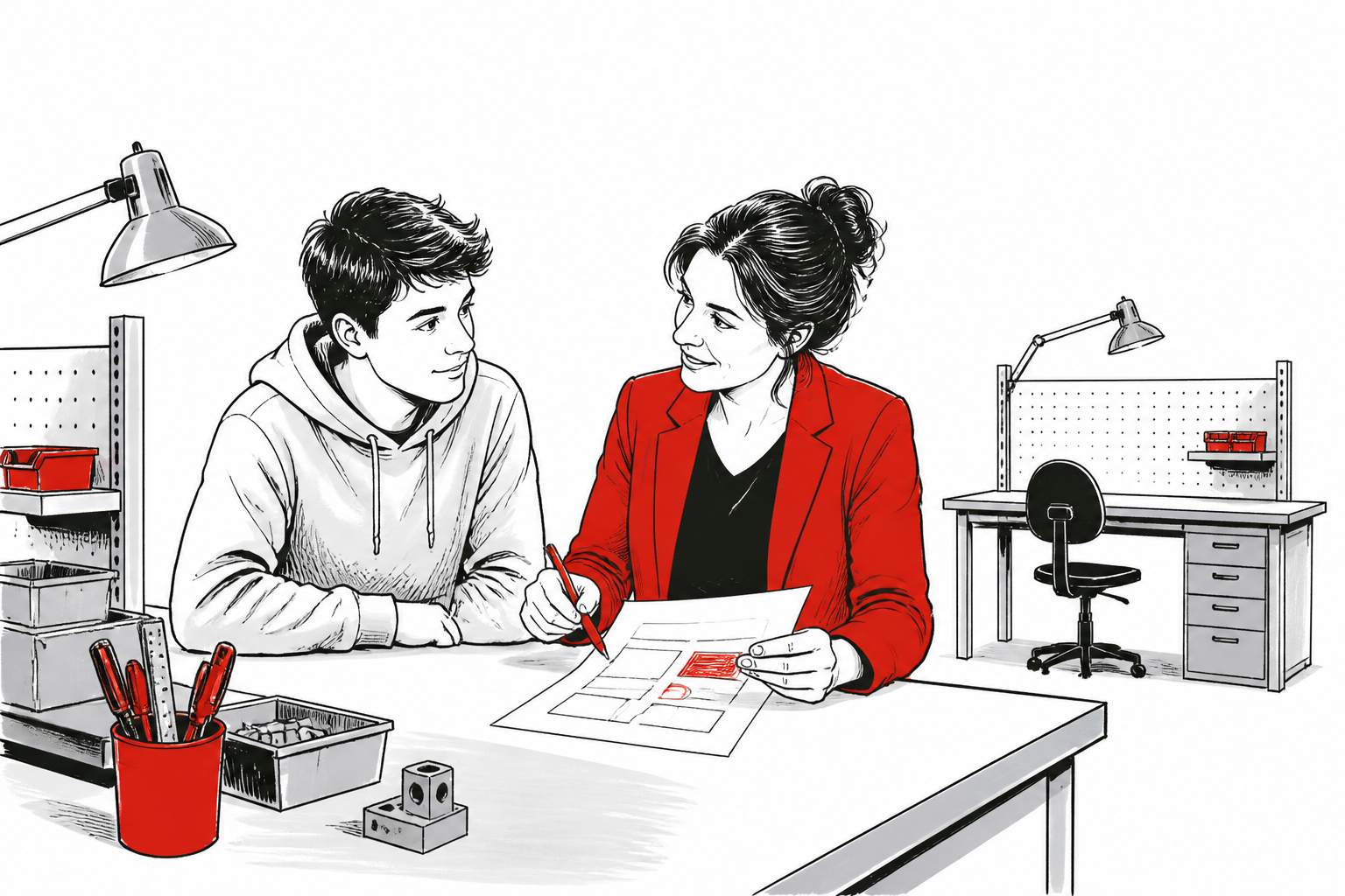 Ausbildungsleiterin und Bewerber besprechen gemeinsam eine konkrete Ausbildungsstelle am Arbeitsplatz