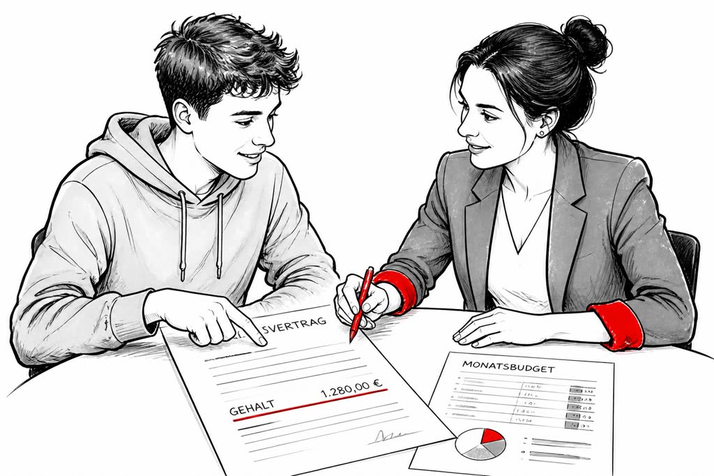Ausbildungsbetrieb bespricht mit einem jungen Bewerber Vergütung und Monatsbudget