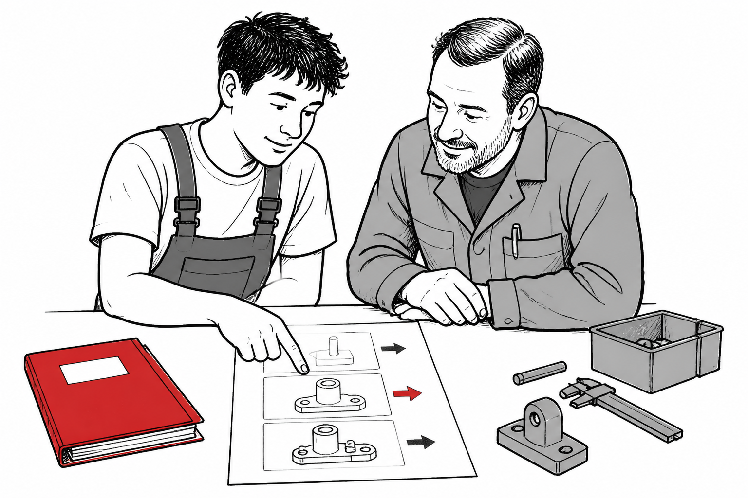 Ausbilder und Auszubildender prüfen gemeinsam einen konkreten Lernplan in der Werkstatt