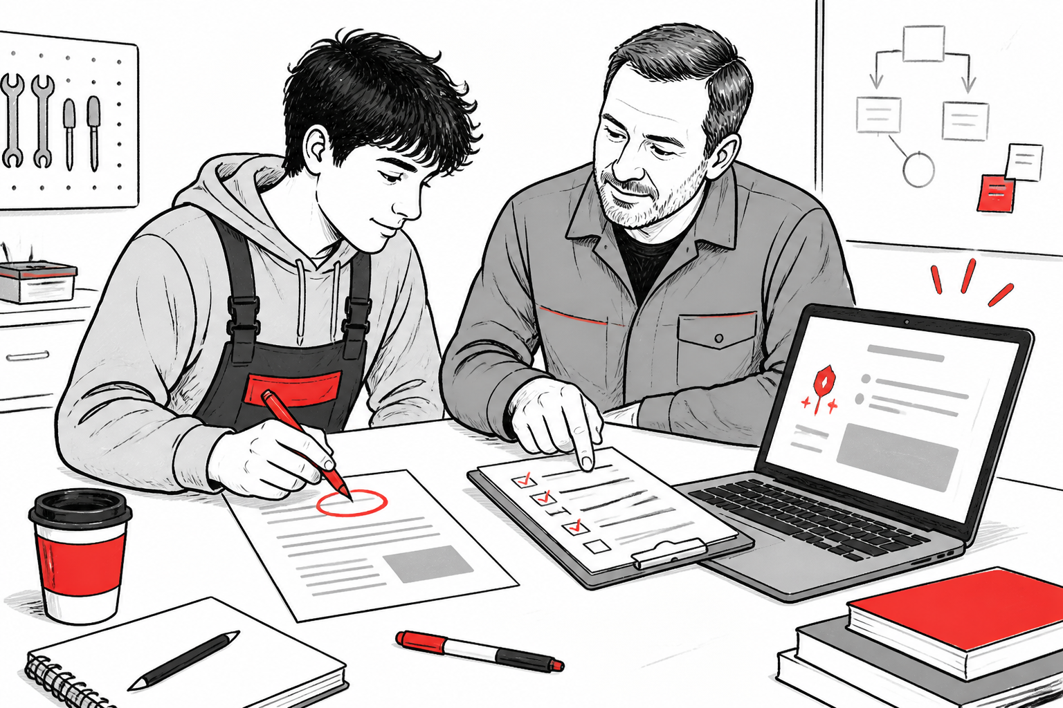 Ausbilder und Auszubildende prüfen gemeinsam einen von einer KI vorgeschlagenen Arbeitsentwurf