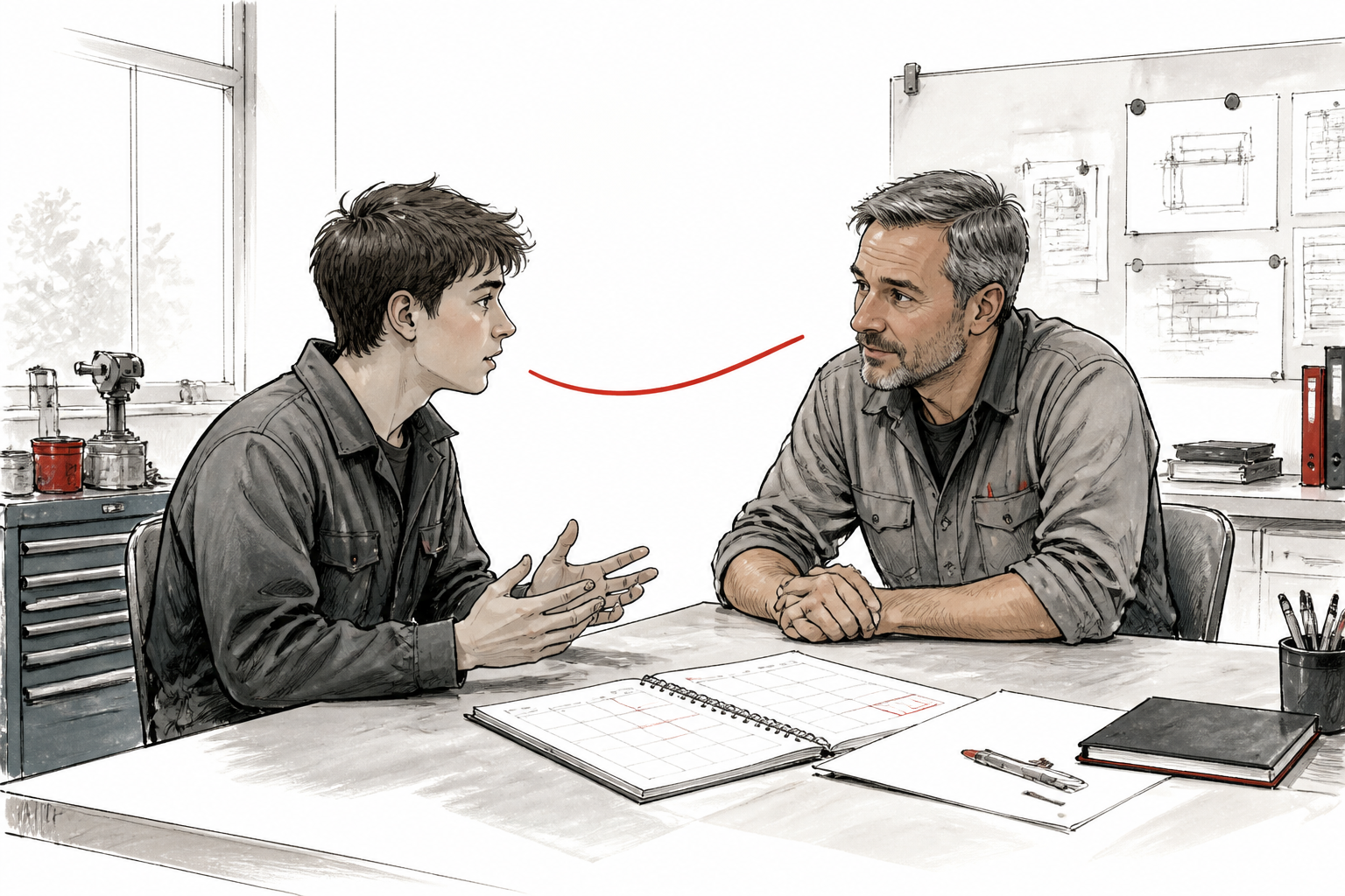 Ausbilder und Auszubildender sprechen in ruhiger Atmosphäre über Belastung und Unterstützung.